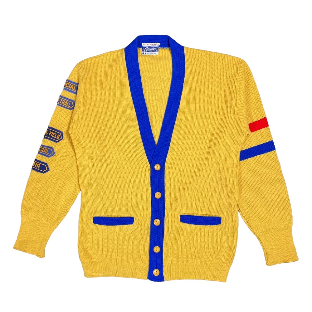Vintage 60s Varsity Collegiate High School Yellow Knit Cardigan Mens Medium